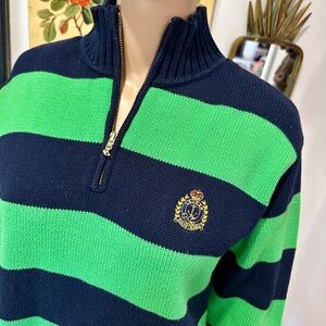 1/4 Zip Lauren RL Navy and Green Stripe Sweater Mens S